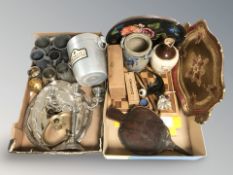 Two boxes of bellows, silver plated items, pewter wares,