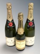 Two bottles of Moet & Chandon Premiere cuvee champagne, 75 cl, and a further bottle of champagne,