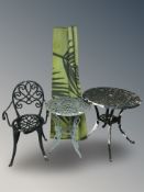 An aluminium garden table with chair, together with a further table and a roll of matting.