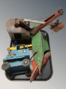 Vintage tin plate toys including model crane,