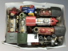 A box containing electric battery operated locomotive engines, etc.