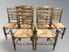 A set of six Titchmarsh & Goodwin oak rush seated ladder backed chairs (4 + 2)