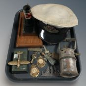 A tray of Navy hat, miniature figure,