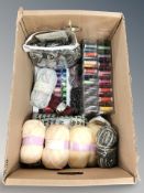 Three boxes containing card making items, spools of cotton and wool, etc.