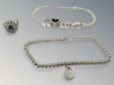 A gold plated cluster ring together with Pandora charm bracelet and a Sterling silver Tiffany