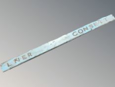 An antique wooden railway sign, LNER Consett, length 147 cm.