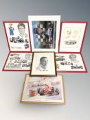 A group of motor racing themed colour prints, Formula 1, images of Lewis Hamilton,