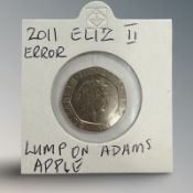 A 2011 20p error coin with lump on Queen's neck