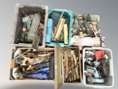 A pallet containing tools, hand tools, wood working chisels, Bosch drills, router, electric grinder,