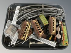 Vintage tin plate locomotive items, track, pulman cars,