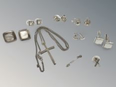A small group of jewellery including mother of pearl earrings, cufflinks, silver items,