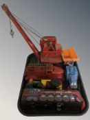 A tray of vintage tin plate and other model vehicles, fire engine, vintage crane.