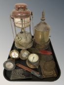 A group of antique metal wares, brass, vintage tilly lamp, pressure gauges, etc.