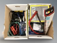 Two boxes of tools, saws, steam cleaner, garden loppers, jump leads.