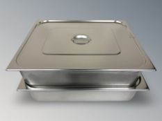 Two large stainless bain marie pots with lids,