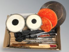 A group of musical instruments and parts, flute, recorder,