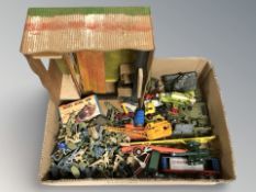 A group of die cast play worn cars, plastic figures,