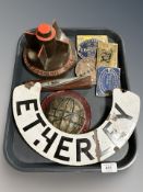 An enamel metal sign together with various brass and metal plaques etc