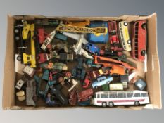 A box of play worn die cast vehicles,
