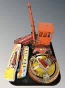 Vintage tin plate toys including Triang crane, locomotive engine, Fire department vehicle,