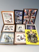 A group of motor racing motorbike prints, Valentino Rossi montage, Isle of Man TT prints, etc.