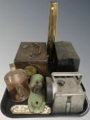 An antique pigeon clock together with a brass shell casing, vintage torch, miniature watering can,