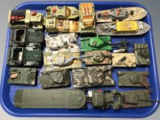 A group of military vehicles including Corgi Toys tanks, Dinky Air sea rescue boat,