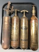 Four antique handheld fire extinguishers by Pyrene Romac, etc.