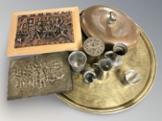 A group of metal wares, copper warmer, charger,