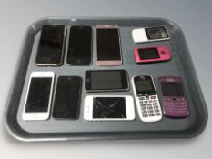 A group of mobile telephones including Doro, Nokia, Samsung, Apple iPhone, etc.