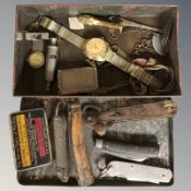 A group of antique folding knives, a desk seal, a pair of dog tags named to Pinkney CE 1139210,