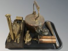 An antique copper kettle together with a brass horn, an antique fishing reel,