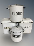 Four enamel storage bins for Flour and Bread