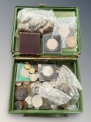 A jewellery box of assorted coins, crowns, Festival of Britain coin, assorted pre-decimal,