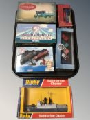 Die cast vehicles including Dinky, sub marine chaser,