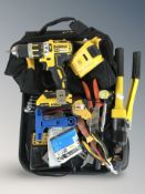A DeWalt tool bag, DCD795 drill, charging pack, together with a pair of bolt cutters,