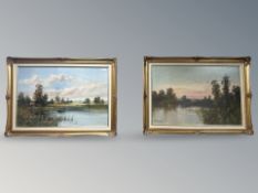 Walter Lewis (British, late 19th/20th century) A man in a rowing boat on a calm lake, oil on canvas,