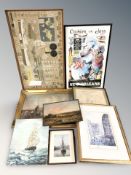 A quantity of pictures and prints, 'cooking with jazz', world map with boats and fish,