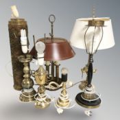 A group of continental lamps, table lamp, heavy brass lamp,