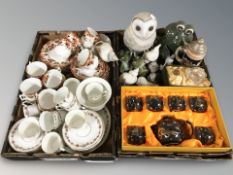 Two boxes of tea china, ceramic ornaments, owl figure.