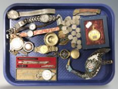 A group of collectibles including cloisonne figure of a bird (af), wristwatches, pocket watch,