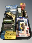 A group of die cast model cars and vehicles, buses, Corgi, Eddie Stobart, etc.