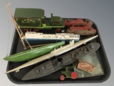 A group of wooden vintage nursery toys, model boat, wagon, etc.