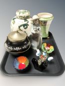 A tray of Masons Chartreuse ginger jar, Maling vase, Murano figure, Nao china ornament, etc.