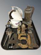 A tray of metal ware and antique metal numbers, a W S Laycock torpedo finial, etc.