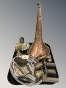 A group of antique and later brass and metal wares, field spectacles, collectibles, copper horn,