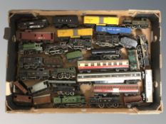 A box of railway items including Hornby, engines, carriages,