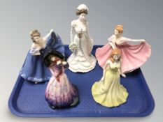 Five ceramic figures to include Royal Doulton and a Coalport figure 'Golden Age Charlotte'.