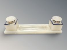 An Art Deco onyx, silver and lapis lazuli desk stand, Henry Griffith & Sons Ltd, London 1927,