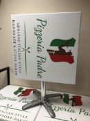 Eight square tilt top pizzeria tables, width 79 cm,